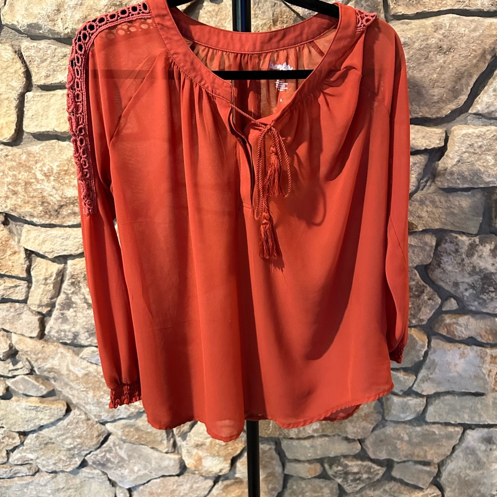 Wrangler Women's Terracotta Blouse with Crochet Trim